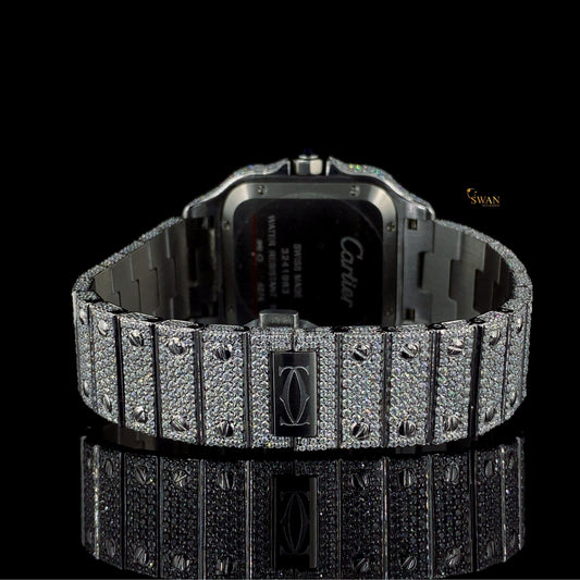 Custom Cartier Santos Diamond Watch Fully Iced Out Two Tone Rainbow Roman Dial Luxury Mens Timepiece SwanDiamond