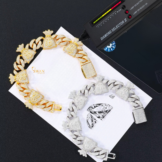 Icy Crown Cuban Link Bracelet in White Gold and Yellow Gold Fully Iced Out with Natural Diamonds Luxury Hip Hop Statement Jewelry swandiamond