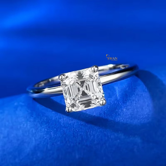 925 Silver Asscher Cut Diamond Solitaire Engagement Ring in White Gold Plated Classic Four Prong Setting Elegant Bridal Jewelry Gift for Her swandiamond