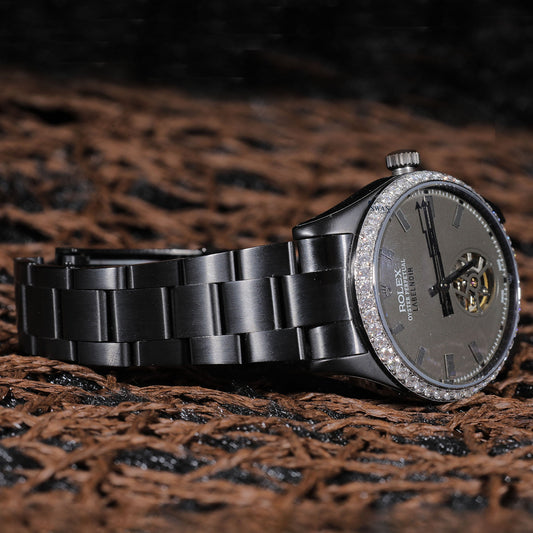 Black Dial Skeleton Luxury Watch with Diamond Bezel and Black Bracelet SwanDiamond