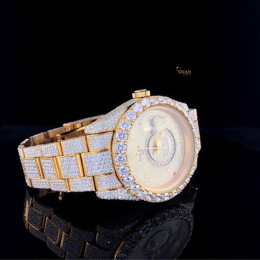 Sky Dweller Iced Out Yellow Gold Watch Diamond Bezel Custom Luxury Men’s Timepiece Jewelry Gift SwanDiamond