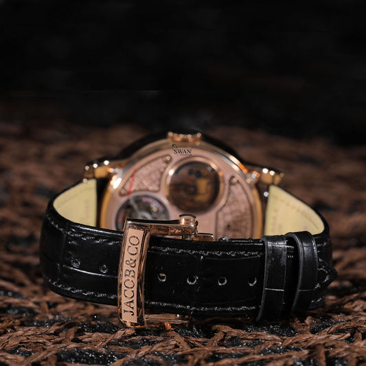 Jacob & Co Roulette Luxury Watch with Diamond-Set Dial, Red Green Black Detailing, and Premium Black Leather Strap SwanDiamond