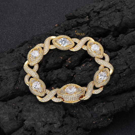 Luxury Icy Marquise and Round Diamond Link Bracelet Yellow Gold Plated Cuban Style Chain with Full Pave Setting Sparkling Statement Jewelry swandiamond