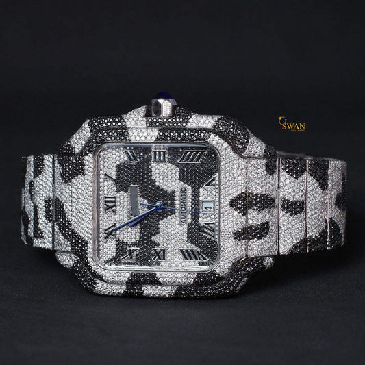 Luxury Iced Out Diamond Watch Black and White Camouflage Design Square Dial Automatic Custom Hip Hop Jewelry Statement Timepiece swan diamond