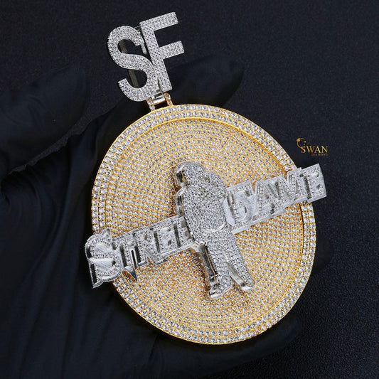 Hip Hop Custom Street Fame SF Medallion Pendant Fully Iced Out with VVS Moissanite Diamonds Luxury Gold and Silver Necklace for Men swandiamond
