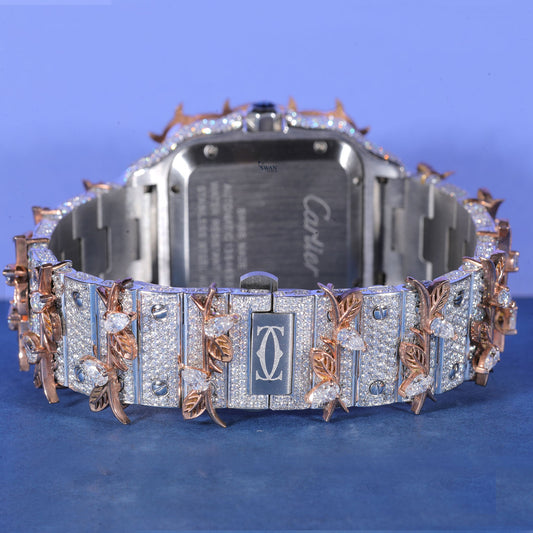 Thorn Leaf Iced Out Watch VVS Moissanite Custom Rose Gold and Silver Roman Dial Luxury Men’s Designer Timepiece SwanDiamond
