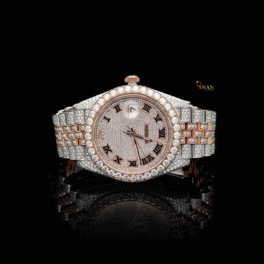 Luxury Diamond Watch with Rose Gold and White Gold Finish Fully Iced Out Roman Dial Elegant Design from SwanDiamond