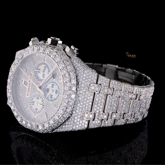 Mens Silver Diamond Watch Iced Out Chronograph Custom Fully Paved Bracelet Luxury Hip Hop Jewelry Timepiece SwanDiamond