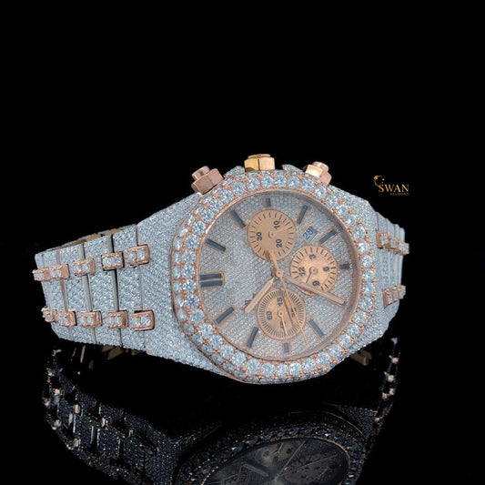 Luxury Two Tone Rose Gold Iced Out Diamond Chronograph Watch with Pave Dial Large Bezel Stones Full Bracelet Classic Style SwanDiamond