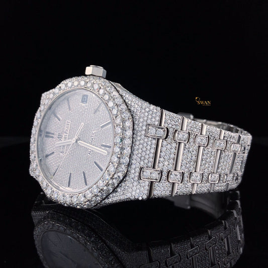 Luxury Diamond Audemars Piguet Royal Oak Watch Fully Iced Out with Silver Dial Custom Pave Bracelet SwanDiamond Exclusive