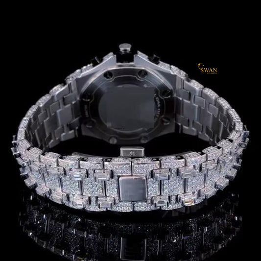 Luxury Iced Out Diamond Chronograph Watch with Black Subdials Pave Dial Large Bezel Stones Full Bracelet Bold Sporty Style SwanDiamond