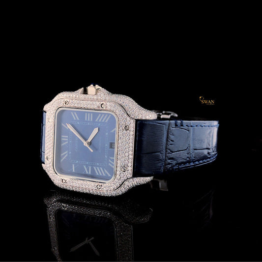 Cartier Santos Diamond Watch Blue Dial with Pave Diamonds and Blue Leather Strap Luxury Men’s Jewelry SwanDiamond