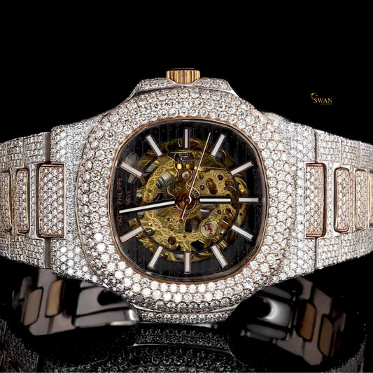 Luxury Iced Out Skeleton Automatic Watch with Full Diamond Pave Two Tone Rose Gold and Silver Stainless Steel Bracelet SwanDiamond