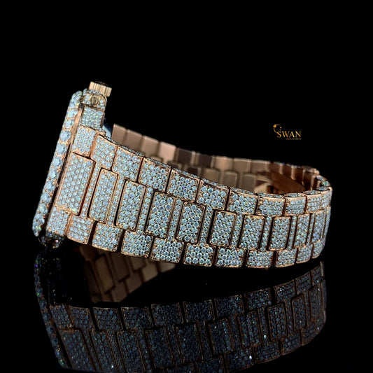 Exclusive Rose Gold Diamond Watch Iced Out with Full Pave Setting Luxury Style Bezel and Bracelet Unisex Edition SwanDiamond