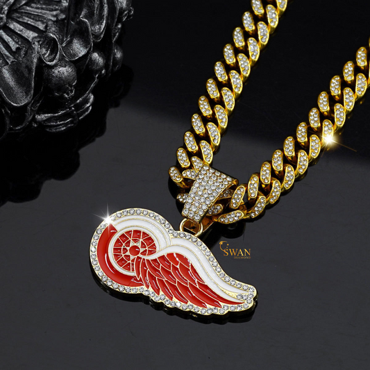 Hip Hop Detroit Red Wings Iced Out Pendant with Diamond Cuban Link Chain Luxury Team Bling Necklace for Men