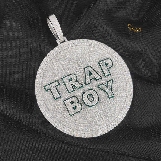 Trap Boy Pendant Iced Out Round Medallion Hip Hop Necklace Silver Bling Custom Statement Jewelry for Men Rapper Urban Streetwear