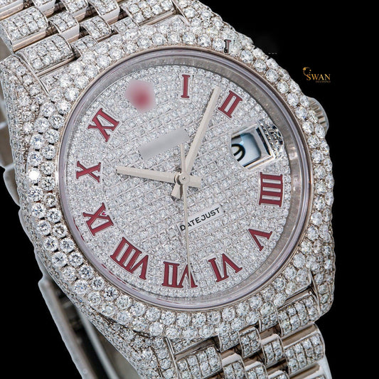 Full yellow gold iced-out watch with a black dial and a date and weekday display, a diamond-encrusted link band by swandiamond