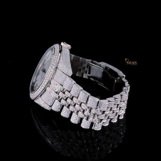 Fully Iced Out Diamond Watch Silver Tone with Roman Numeral Dial and Pave Bracelet Custom Luxury Timepiece High End Jewelry SwanDiamond