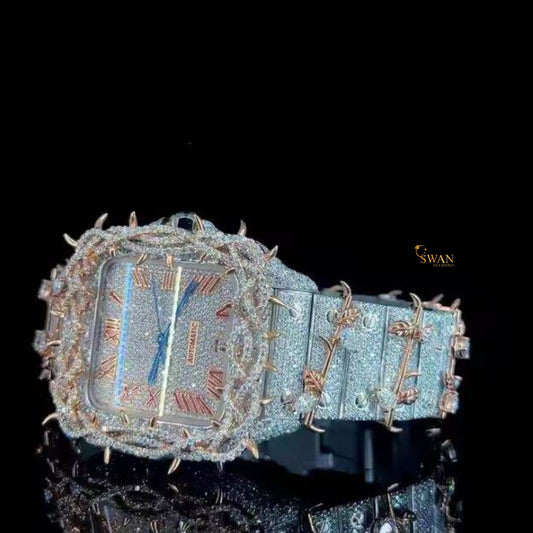 Luxury Iced Out Square Roman Numeral Diamond Watch with Unique Rose Gold Thorn Detailing and Full Pavé Bracelet SwanDiamond