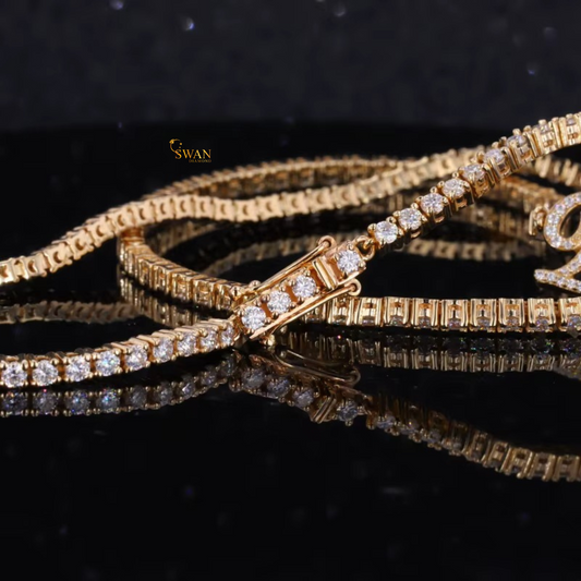 Custom Name Diamond Tennis Chain Necklace in Yellow Gold Personalized Script Pendant with Iced Out Jewelry Gift for Men and Women swandiamond