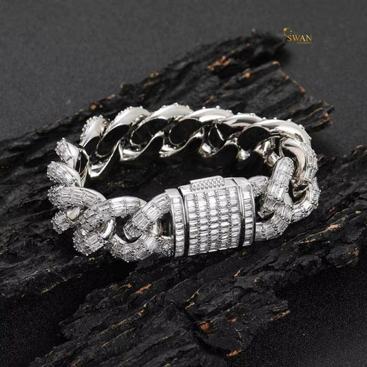 Icy Cuban Link Bracelet with Baguette and Round Cut Diamond Accents in White Gold Finish – Luxury Statement Jewelry swandiamond