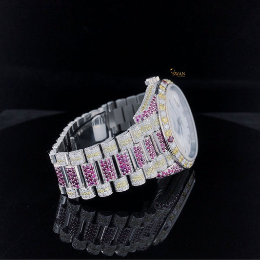 Mens Multicolor Diamond Watch Iced Out Ruby and Yellow Accents White Dial Custom Luxury Hip Hop Jewelry Bracelet SwanDiamond