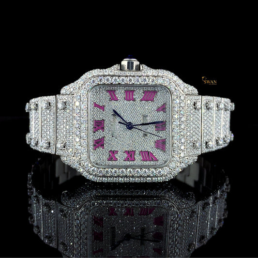 Luxury Cartier Diamond Watch Iced Out Silver Bracelet Pink Roman Numerals Custom Fully Paved Jewelry Timepiece SwanDiamond