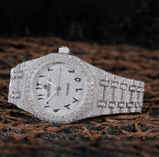 Fully Iced Out Arabic Dial Moissanite Watch in Silver Tone – Luxury Men's Custom TimepieceSwanDiamond