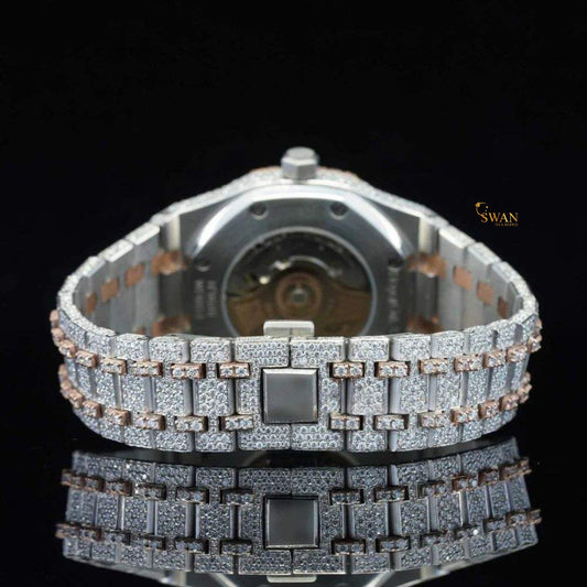 Luxury Iced Out Diamond Watch Two Tone Rose and White Gold Automatic with Unique Geometric Dial Custom Hip Hop Jewelry Gift swan diamond