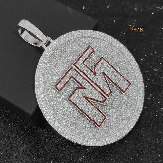 Custom Hip Hop Round Iced Out Pendant with Red Initial Letters Bling Necklace Silver Statement Jewelry for Men swandiamond