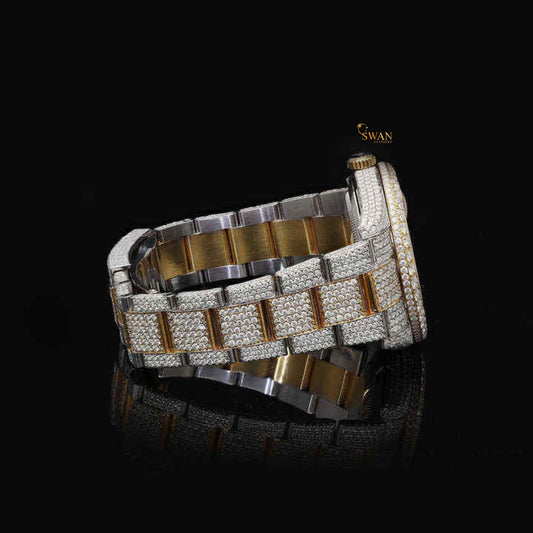 Two Tone Diamond Watch Fully Iced Out Gold and Silver Bracelet with Roman Numeral Dial Luxury Custom Timepiece SwanDiamond