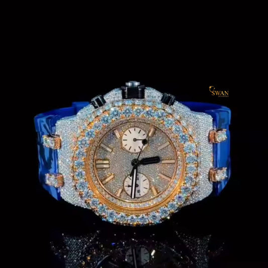 Iced Out Diamond Chronograph Watch with Blue Camouflage Strap Fully Paved Bezel and Dial Custom Luxury Timepiece High End Jewelry SwanDiamond