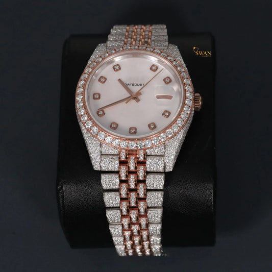 Luxury Two Tone Rose Gold and Silver Diamond Watch with Mother of Pearl Dial Full Iced Out Bracelet and Bezel High End Jewelry swandiamond
