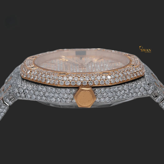 Two Tone Rose Gold and Silver Fully Iced Out Automatic Watch with Round Brilliant Diamonds and Pave Set Bracelet SwanDiamond