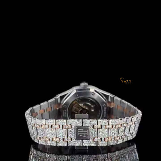 Luxury Two Tone Silver and Rose Gold Iced Out Diamond Watch with Mother of Pearl Dial Full Pave Bracelet Custom Bezel High End swandiamond