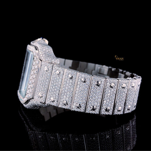 Cartier Santos Diamond Watch with Full Pave Setting and Red Hour Markers Custom Luxury Iced Out Timepiece by SwanDiamond