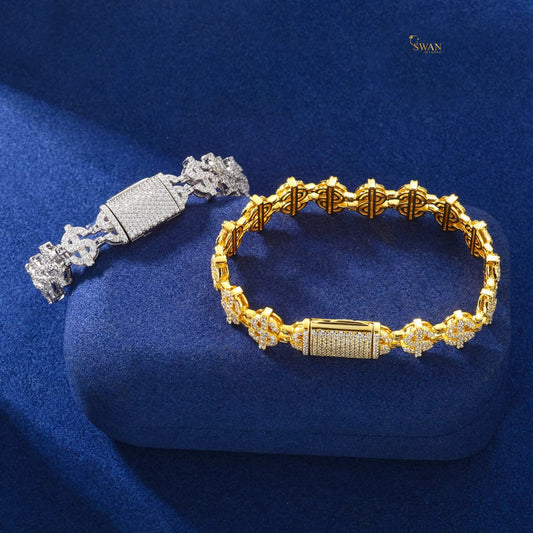 Iced Out Diamond Money and Dollar Sign Bracelets in White Gold and Yellow Gold Sparkling Natural Diamond Hip Hop Luxury Jewelry Gift for Him swandiamond