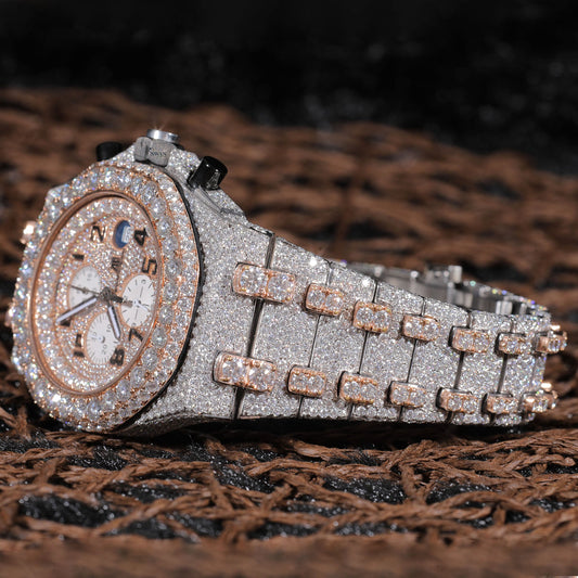 Rose Gold Chronograph Iced Out Watch VVS Moissanite Custom Luxury Men’s Silver Timepiece Sporty Hip Hop Designer Style SwanDiamond