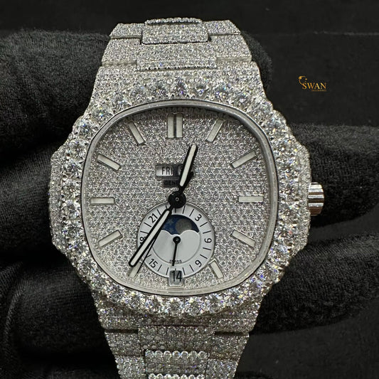 Luxury Iced Out Diamond Watch with Moonphase Dial Day Date Display Full Pave Bracelet Large Round Bezel Stones Premium SwanDiamond