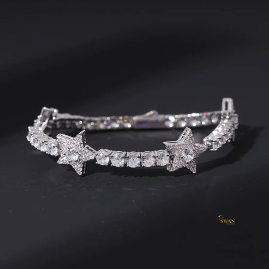 Star Design Diamond Tennis Bracelet in White Gold with Round Cut Stones and Pave Star Accents Elegant Statement Jewelry for Women swandiamond