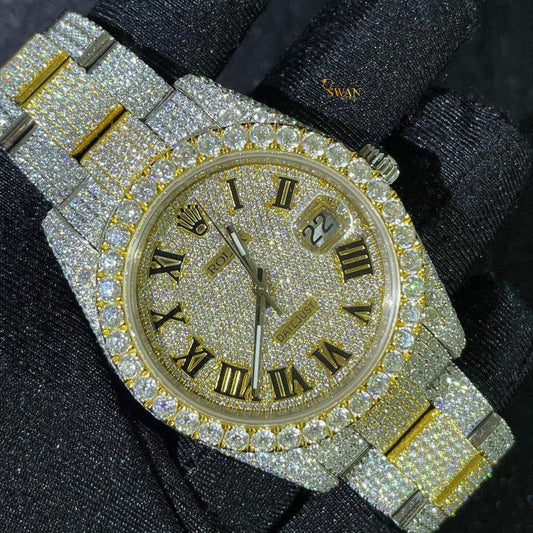 Two Tone Fully Iced Out Diamond Watch Roman Numeral Dial with Custom Gold Accents Luxury Timepiece High End Jewelry Gift SwanDiamond