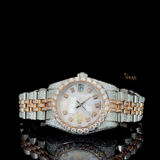 Two Tone Rose Gold and Silver Iced Out Diamond Watch with Mother of Pearl Dial Luxury Pave Bracelet Timepiece swandiamond