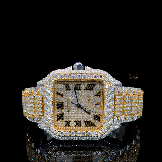 Custom Cartier Santos Two Tone Diamond Watch Fully Iced Out Gold and Silver Roman Dial Luxury Mens Timepiece SwanDiamond