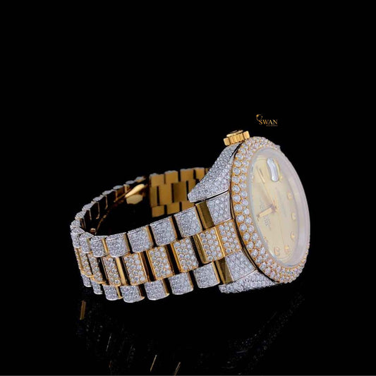 Mens Gold Dial Diamond Watch Luxury Iced Out Custom Fully Paved Bracelet Hip Hop Jewelry Timepiece SwanDiamond