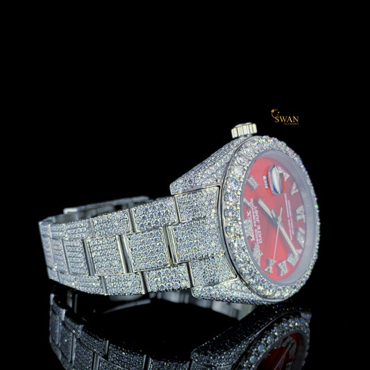 Exclusive Iced Out Diamond Watch Red Dial with Roman Numerals and Silver Full Pave Bracelet Luxury Unisex Timepiece SwanDiamond
