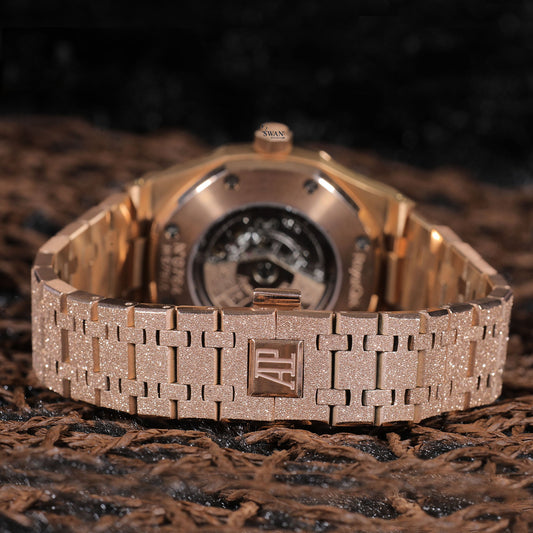 Rose Gold Skeleton Dial Luxury Watch with Rainbow Gemstone Bezel SwanDiamond