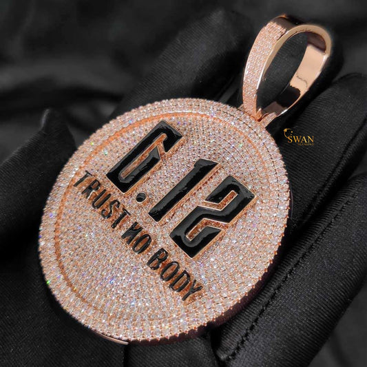 Hip Hop Custom G.12 Trust No Body Medallion Pendant in Rose Gold Fully Iced Out with VVS Moissanite Diamonds Luxury Necklace for Men swandiamond