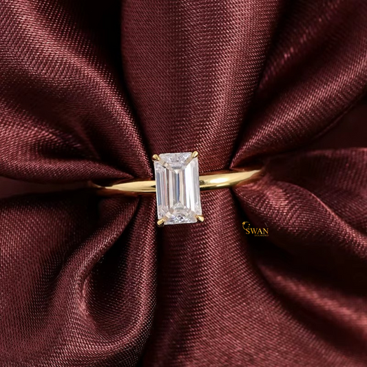 Emerald Cut Solitaire Diamond Engagement Ring in Gold Plated with 925 Silver Classic Four Prong Setting Elegant Modern Bridal Jewelry Gift for Her swandiamond