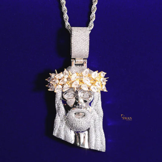 Luxury Hip Hop Iced Out Jesus Pendant with Crown of Thorns in Gold and Silver VVS Moissanite Diamonds Necklace for Men swandiamond