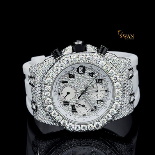 Designer Iced Out Diamond Chronograph Watch with White Strap Silver Dial Luxury Full Pave Bezel Unisex SwanDiamond